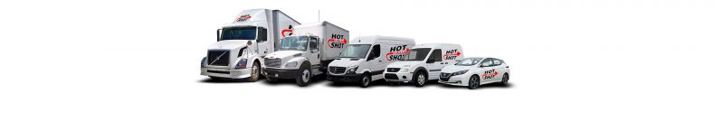 An image of five white vehicles, each with the Hot Shot Delivery logo on the side. They are in descending size, with a long haul truck on the left and a small car on the right. These vehicles are used in our courier services.